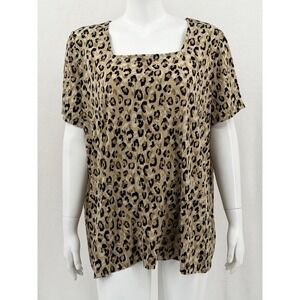 Susan Graver Top Womens 1X Tan Leopard Square Neck Short Sleeve Stretch Office